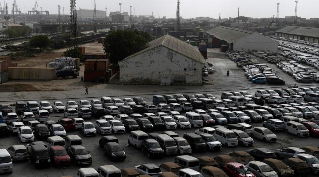 Imported vehicles at Karachi Port, where businesses said many goods have been tied up by import restrictions.&nbsp;Photo: Asif Hassan/AFP/Getty Images