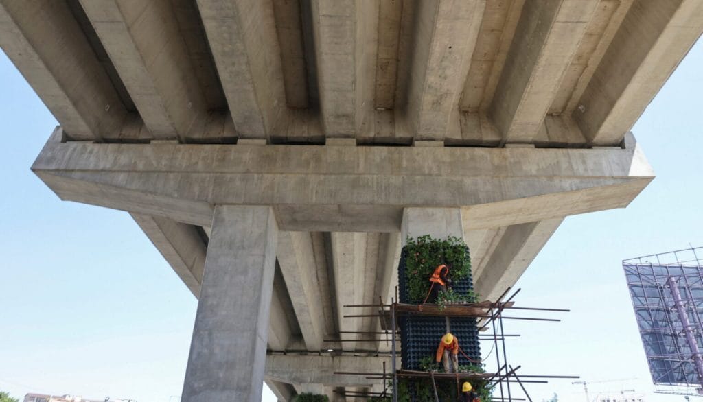 Workers plant flowers under the newly constructed Nairobi expressway, where a plan is underway to plant more than 5 million flowers on its pillars. Photo: Reuters