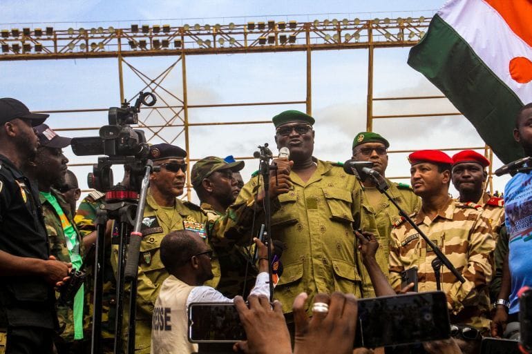 Coup leaders at a rally at a stadium in Niamey, Niger, in August 2023. Photo: Mahamadou Hamidou/Reuters