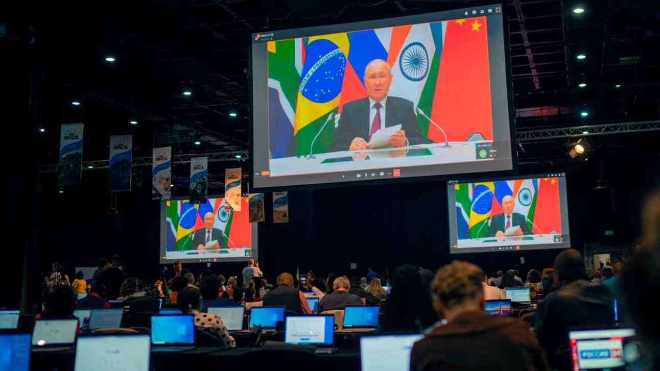 Russia’s president Vladimir Putin spoke to leaders in South Africa from the Kremlin via video link on August 23. Photo: AP