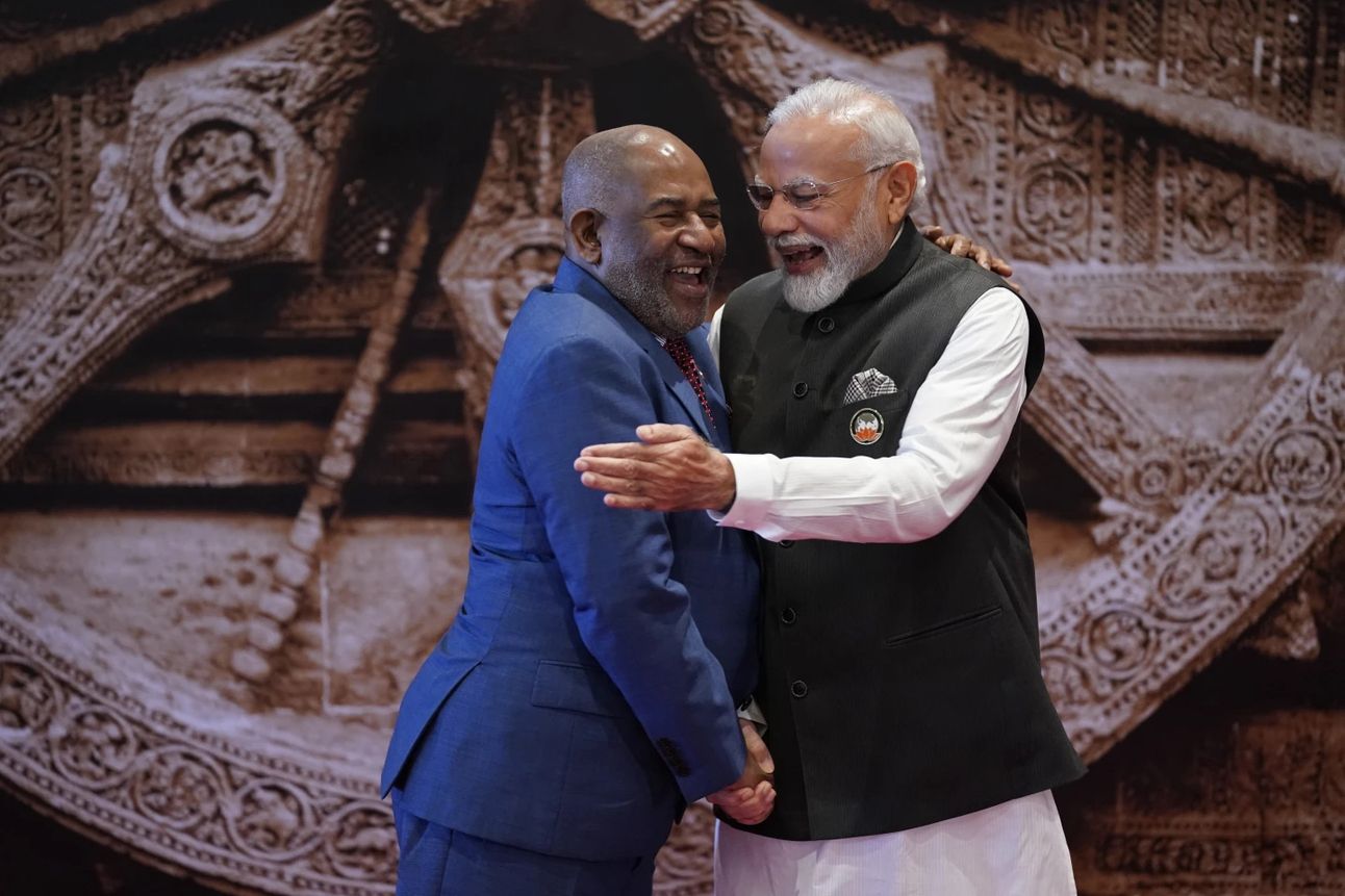 India’s Prime Minister Narendra Modi and the head of the African Union Azali Assoumani at the G20 summit this weekend. Photo: Evan Vucci