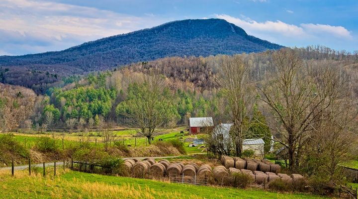 A mountain with the profile of a buffalo's back stands in the distance behind forests and a farm with round hay bales in the nearest field.