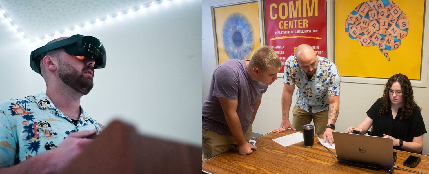 left: man wearing headset, right: team working on computer in comm center