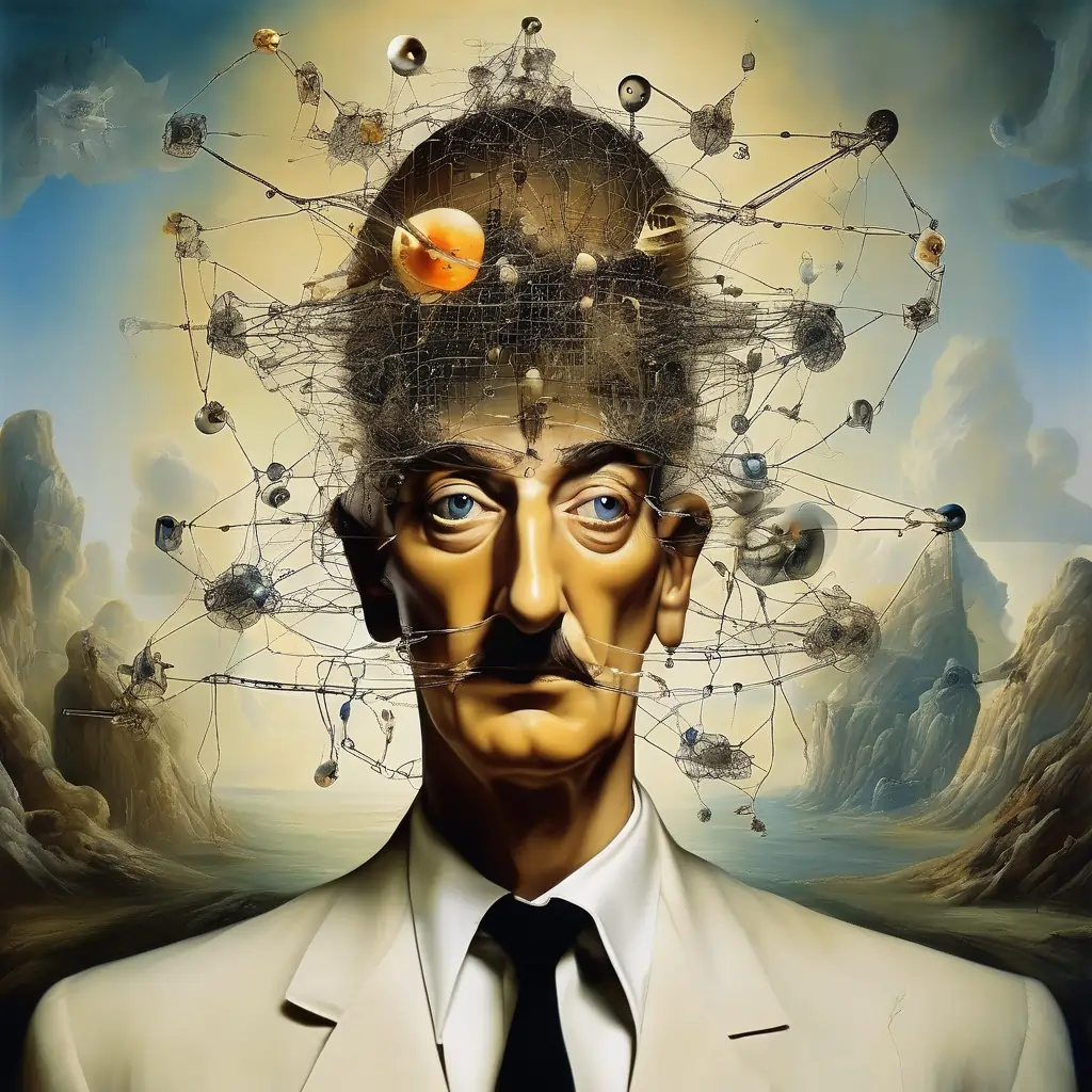 OpenArt.ai generated Surrealist depiction of a man in beige suit with his head surrounded by a network of floating used to depict guardrails and constraints in AI systems
