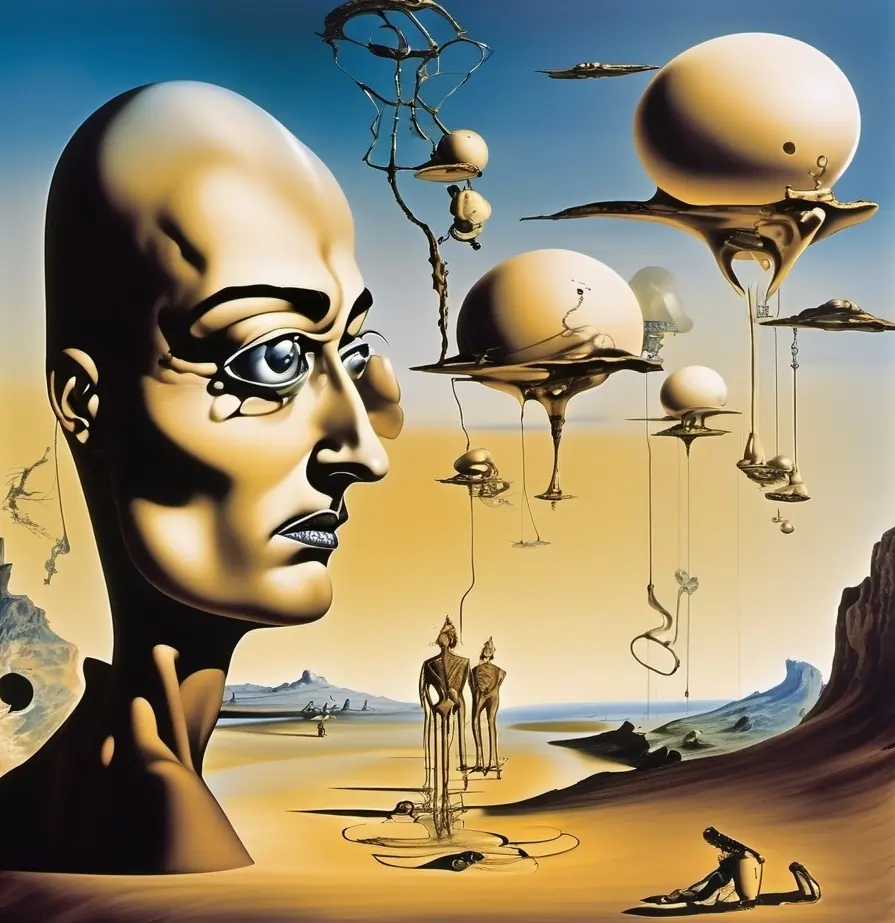 OpenArt.ai generated Surrealist depiction of a monolithic in a barren landscape in a skyscape of floating objects used to depict representation vs reality in AI systems