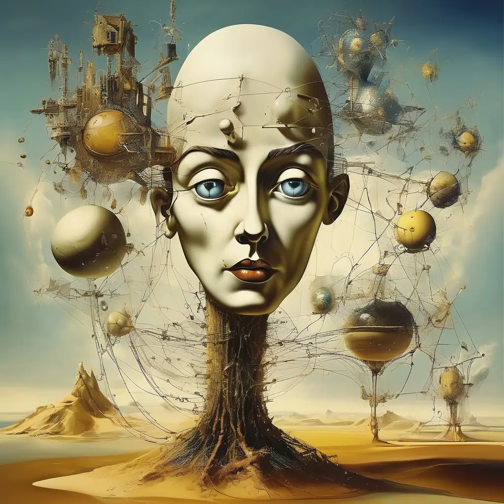 OpenArt.ai generated Surrealist depiction of a head surrounded by a network of floating orbs and cities used to depict designing with uncertainty in mind