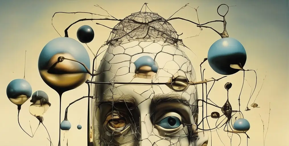 OpenArt ai generated Surrealist depiction of a cracked egg shaped head surrounded by a network of floating objects used to depict the Emergence of Human-in-the-Loop Autonomy