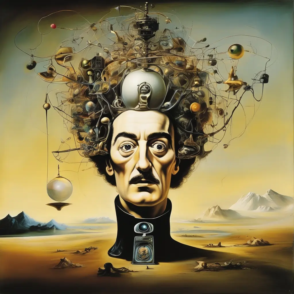 openart.ai generated surrealist depiction of a mans head surrounded by a network of floating objects to depict human understanding of the Role of LLMs in Autonomous Systems
