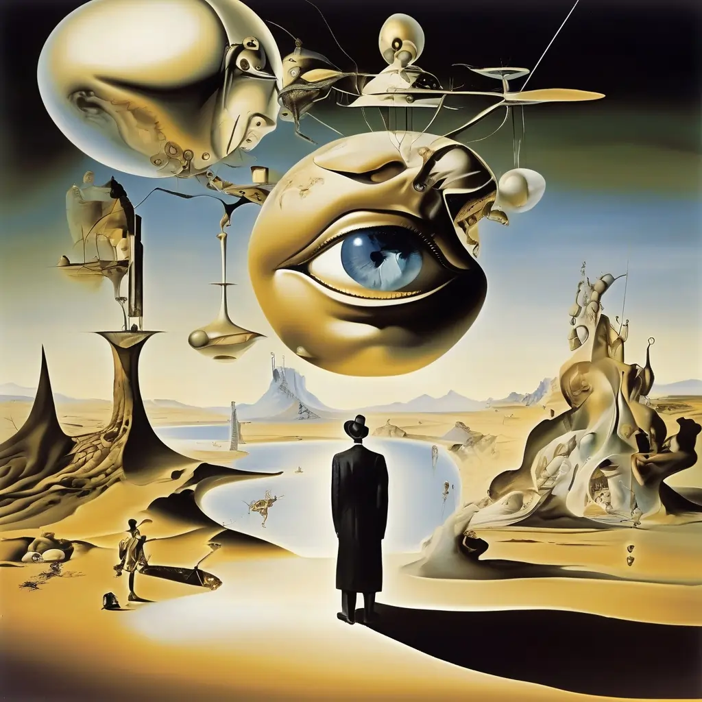 Openart.ai generated image shows a man standing below a floating orb with a blue eye in a surrealist style image used to depict the princiapl agent relationship between human and AI Agents