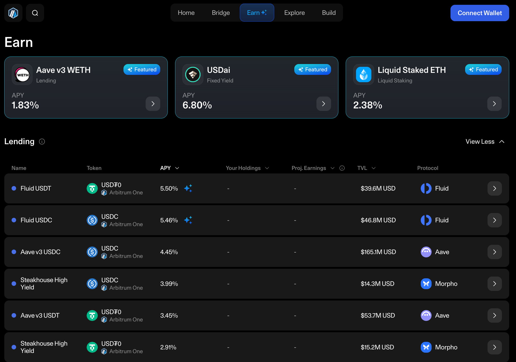 Arbitrum Earn discover view, listing vaults across protocols