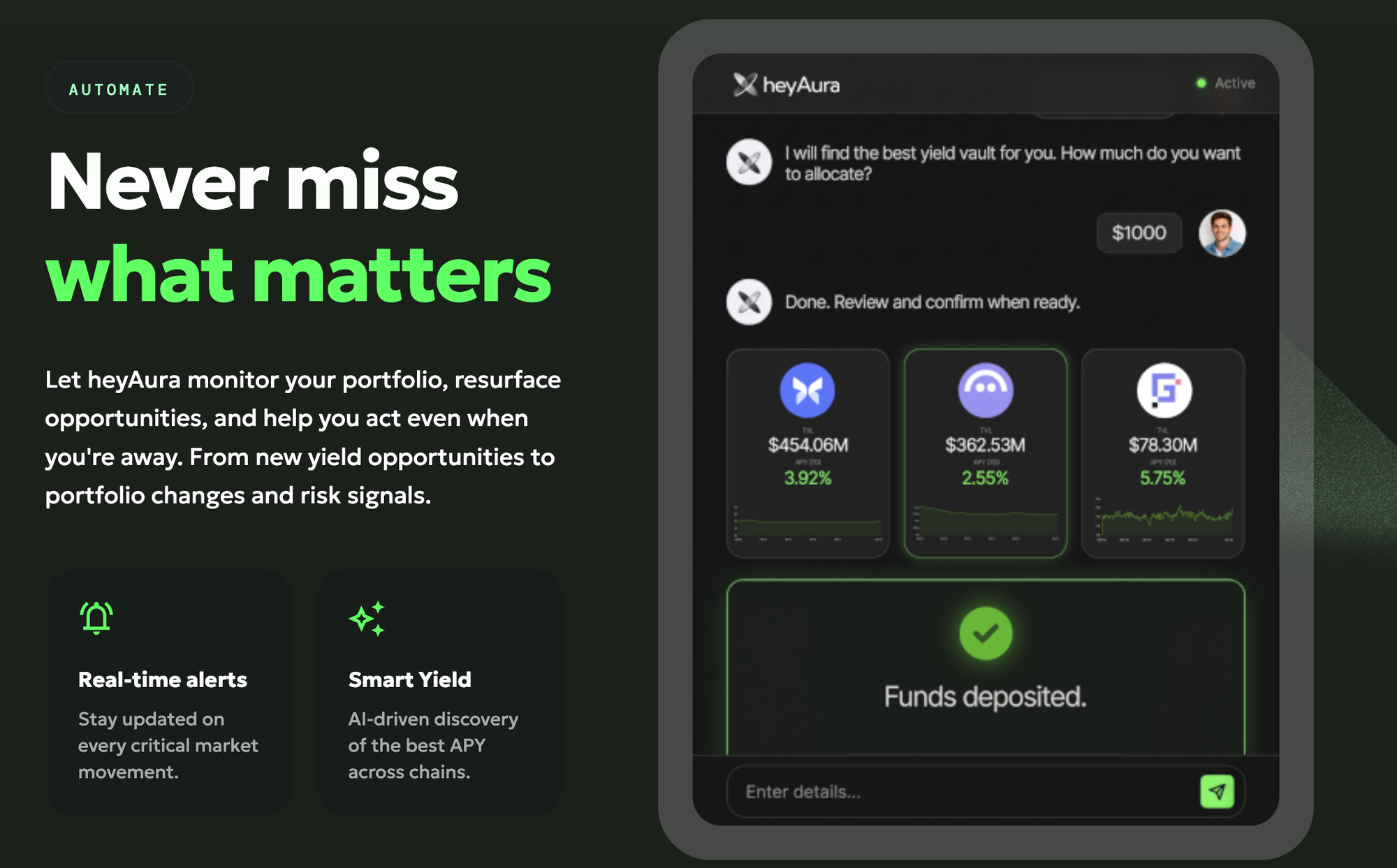 heyAura chat interface showing yield vault selection and deposit confirmation