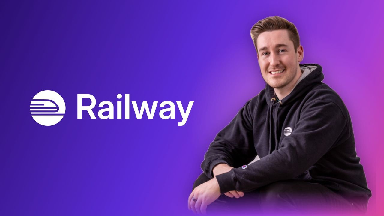 Jake Cooper, founder of Railway, beside the Railway logo