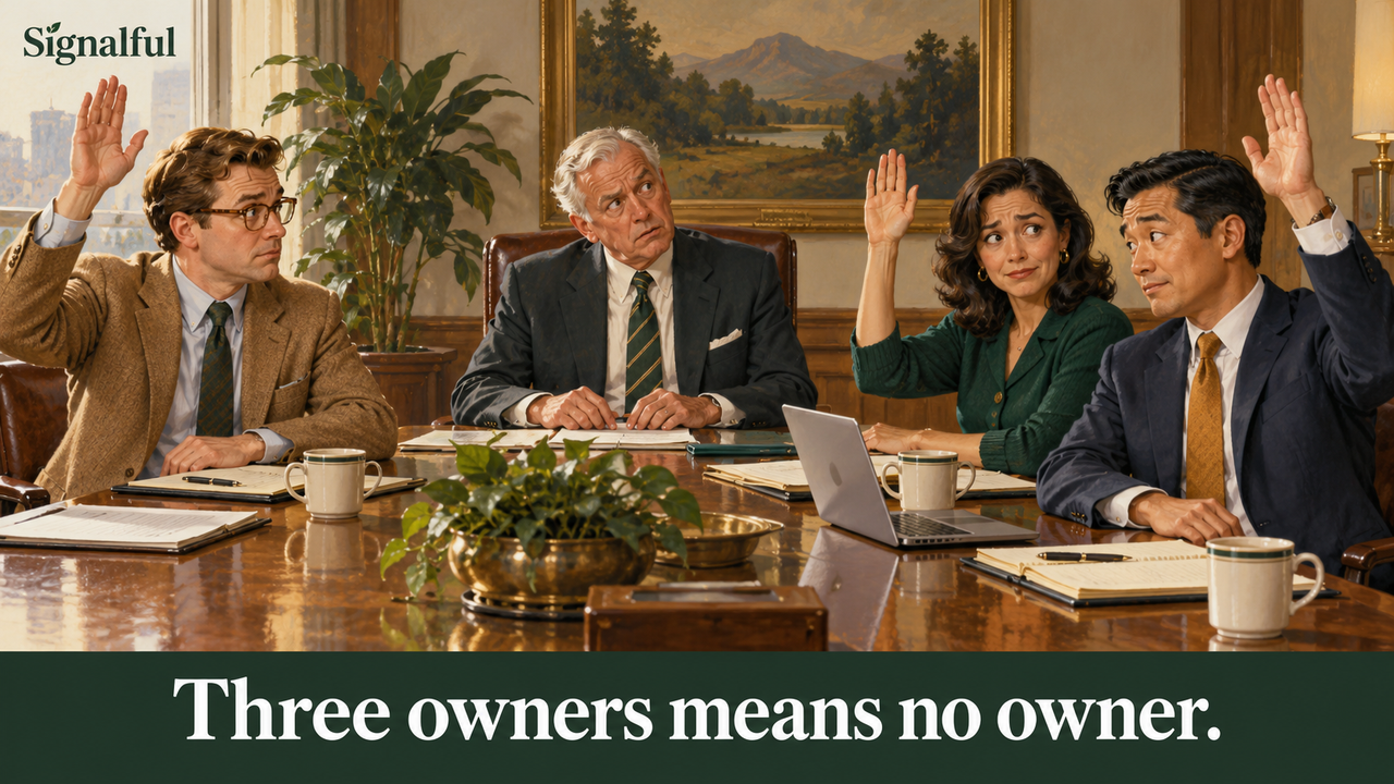 An original Rockwell-inspired illustration of three colleagues raising their hands when asked who owns a decision.