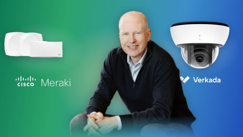 Hans Robertson, co-founder of Meraki and Verkada, between a Meraki access point and a Verkada camera
