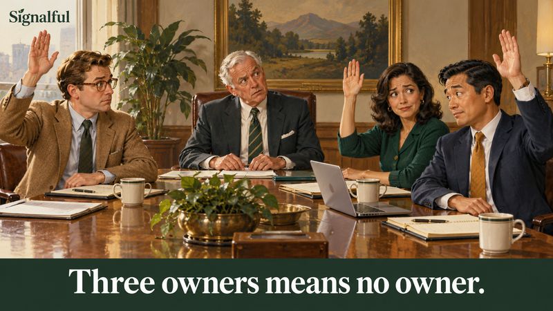 An original Rockwell-inspired illustration of three colleagues raising their hands when asked who owns a decision.