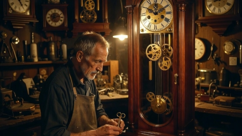 A clock maker in his workshop preparing to wind up a grandfather clock