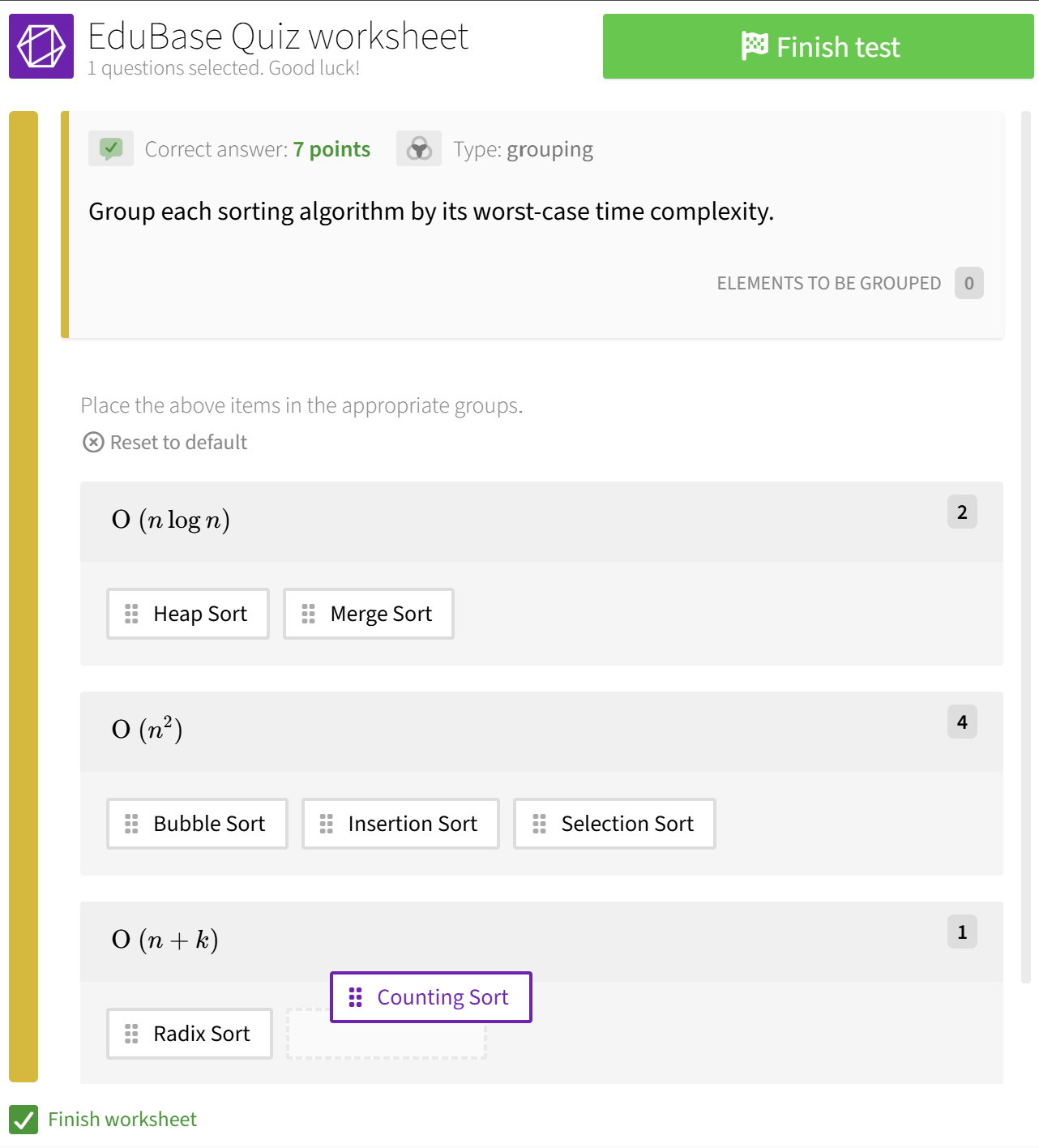 Screenshot of the user interface - Sorting sorting algorithms into complexity groups