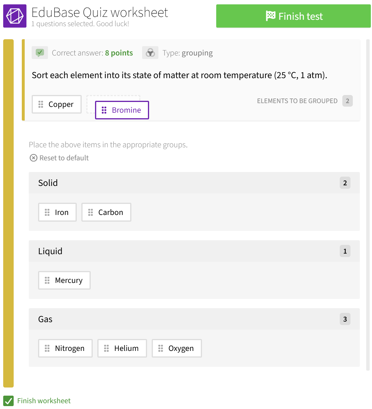 Screenshot of the user interface - Sorting elements into states of matter on room temperature
