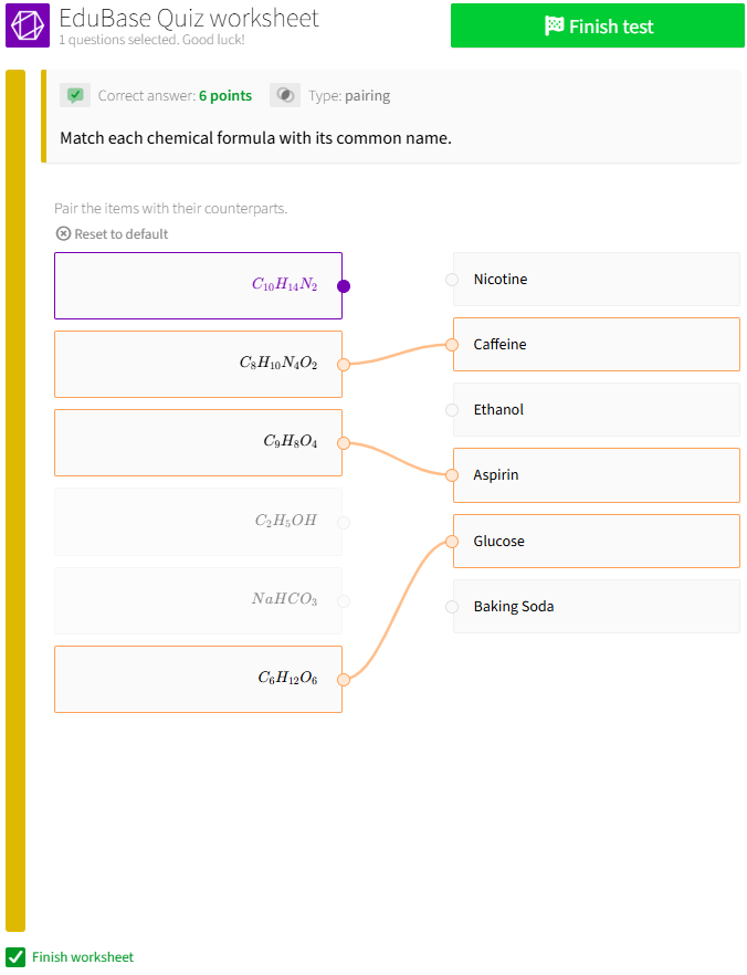 Screenshot of the user interface - match chemical elements with their common name