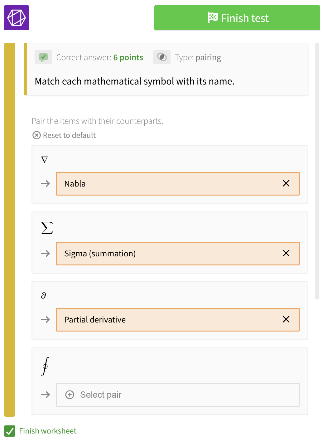 Screenshot of the user interface - match math symbols with their name on a mobile screen