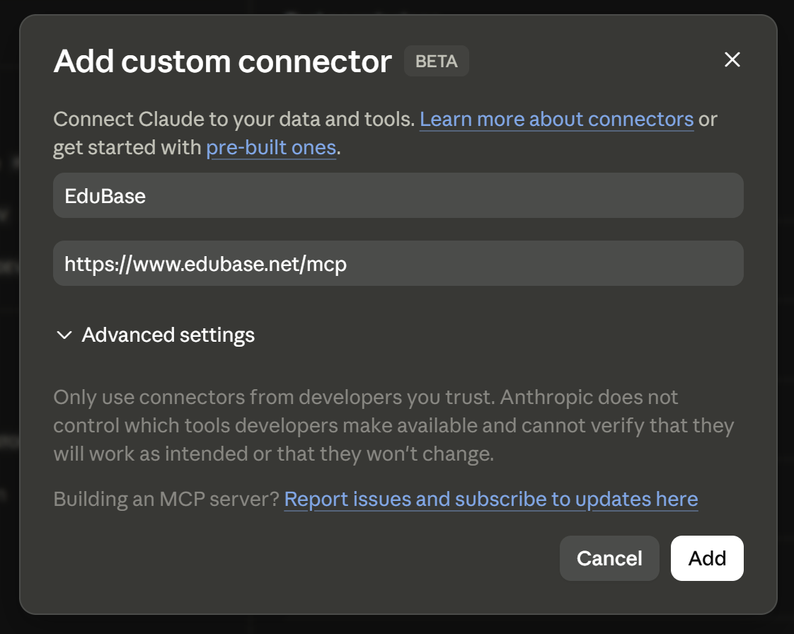 Screenshot of the "Add custom connector" dialog in Claude - name it EduBase and paste the MCP URL.
