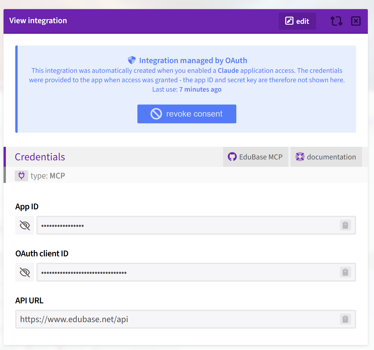Screenshot of the integration details page