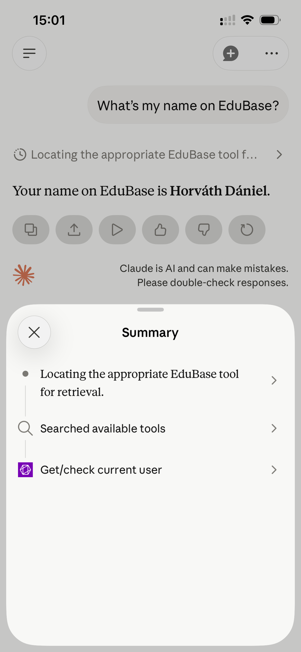 Screenshot of testing the MCP integration on Claude Mobile