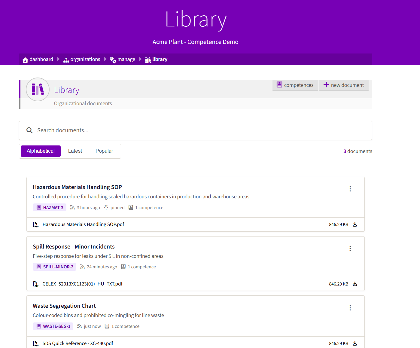 Screenshot of the EduBase Document Library of an organization with version control and assigned competences