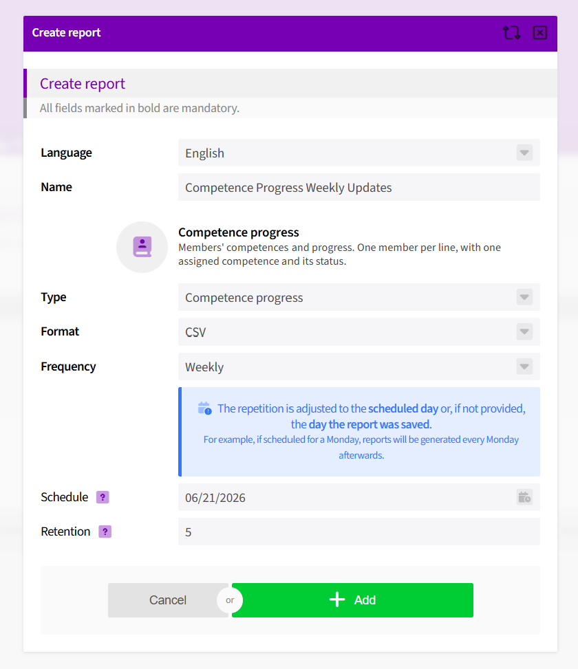 Screenshot of the report scheduling UI on competence progress of your entire organization
