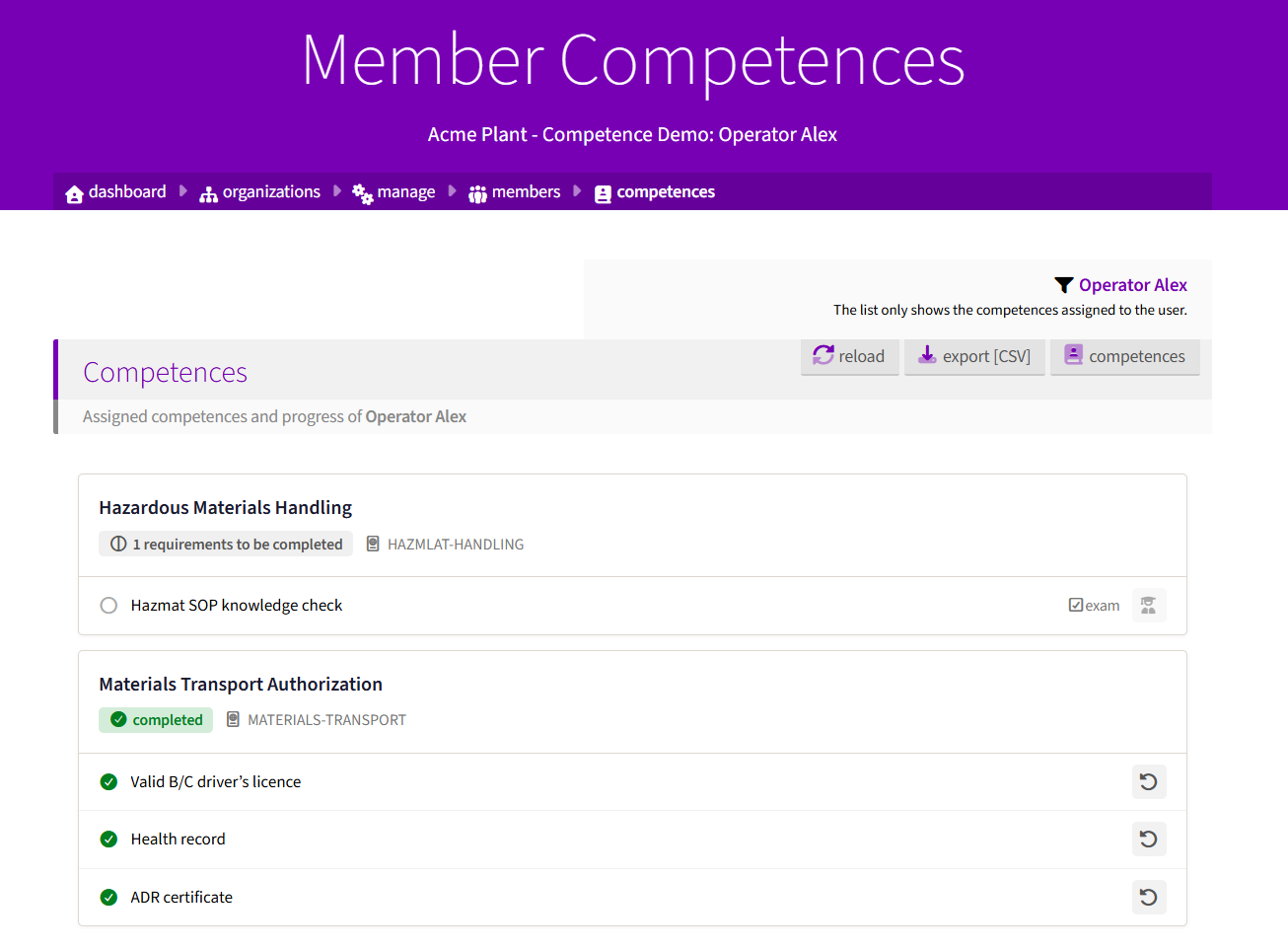 Screenshot of the competences page of an individual within the organization