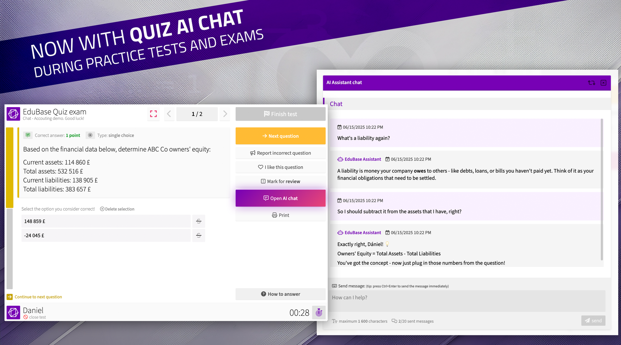 Screenshot of EduBase's new AI chat feature during a practice exam, showing students can get real-time help with problems.