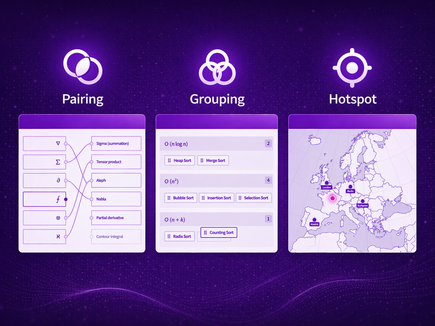 EduBase graphic on a dark purple background featuring three assessment interaction types arranged side by side: Pairing, Grouping, and Hotspot.