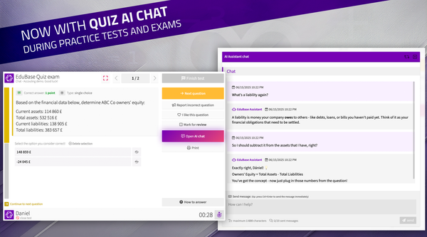 Screenshot of EduBase's new AI chat feature during a practice exam, showing students can get real-time help with problems.