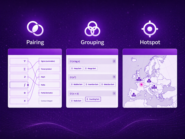 EduBase graphic on a dark purple background featuring three assessment interaction types arranged side by side: Pairing, Grouping, and Hotspot.