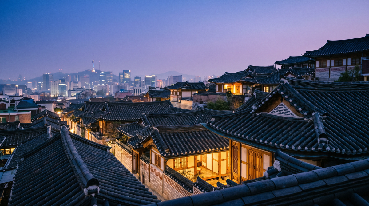 Bukchon Hanok Village rooftops at blue hour with the Seoul skyline and N Seoul Tower in the background