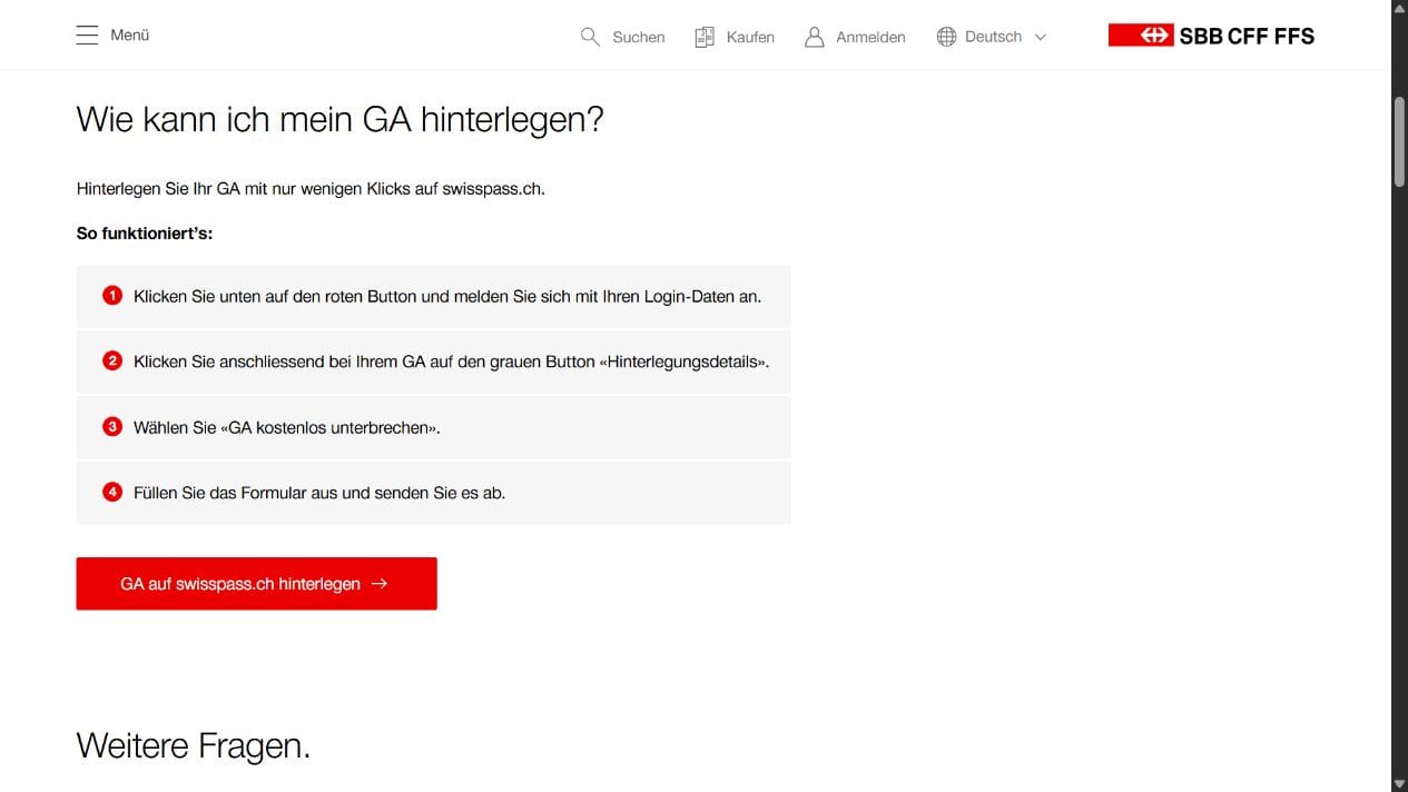 Original-Screenshot der SBB-Hilfeseite mit der Anleitung zur GA-Hinterlegung und dem Zugang zu SwissPass