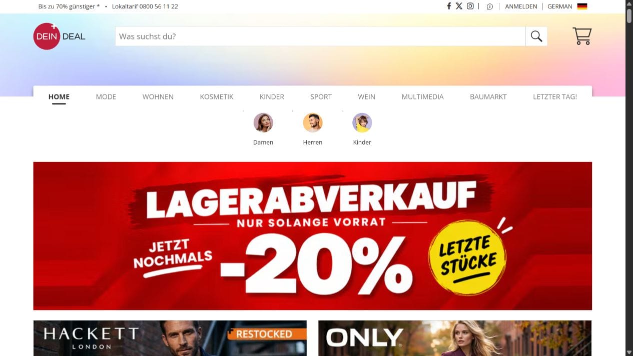 DeinDeal-Startseite mit Produktkategorien und Verkaufsaktionen