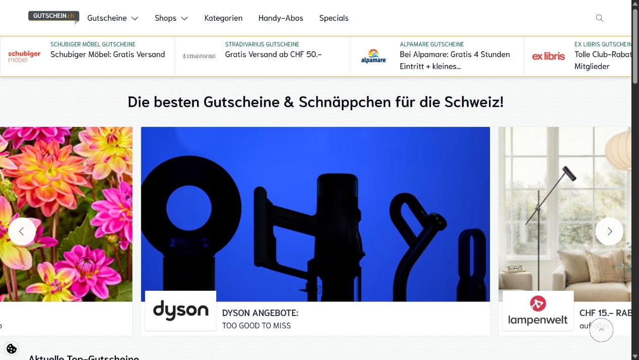 Gutschein.ch mit Shopnavigation und hervorgehobenen Rabattaktionen