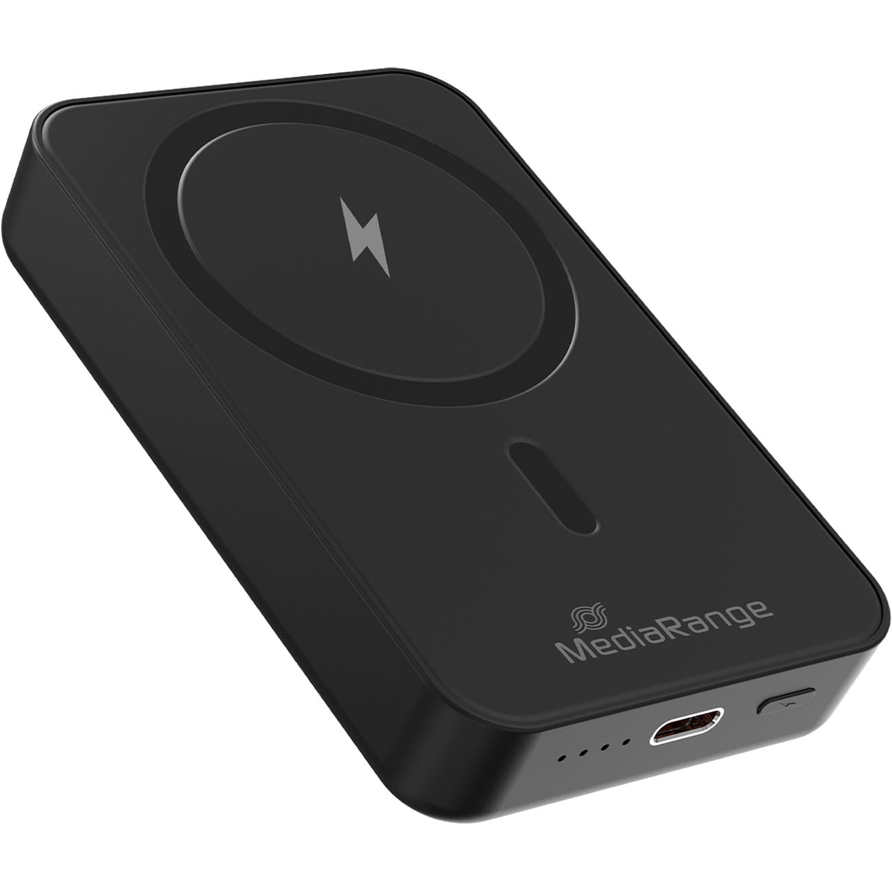 Schwarze Powerbank mit 10000 mAh und kabelloser Ladefläche