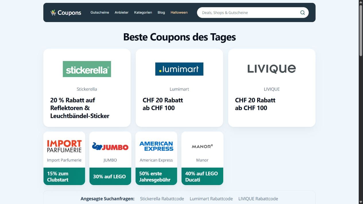 Startseite von schweiz.coupons mit Gutscheinen und Angeboten Schweizer Händler