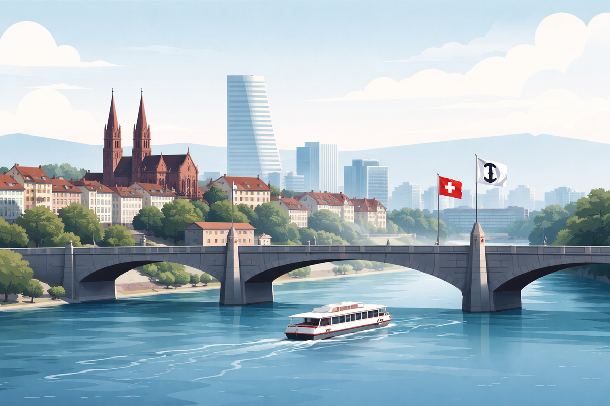 Illustrierte Hochhäuser und fluss