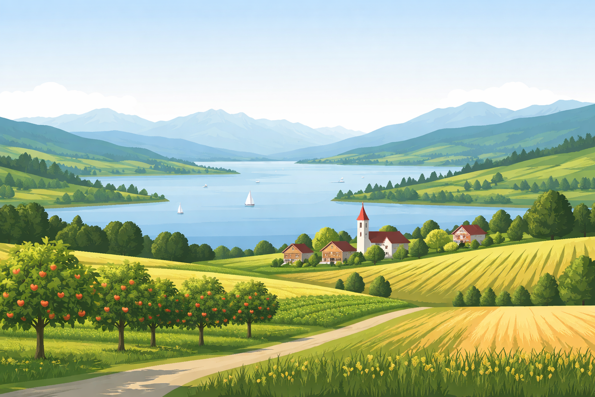 Landschaft mit See und Bergen