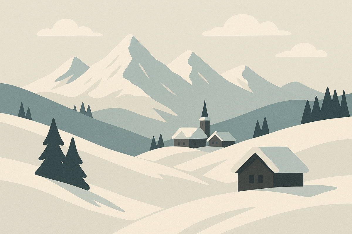 Schneebedeckte Berge und ruhiges Dorf