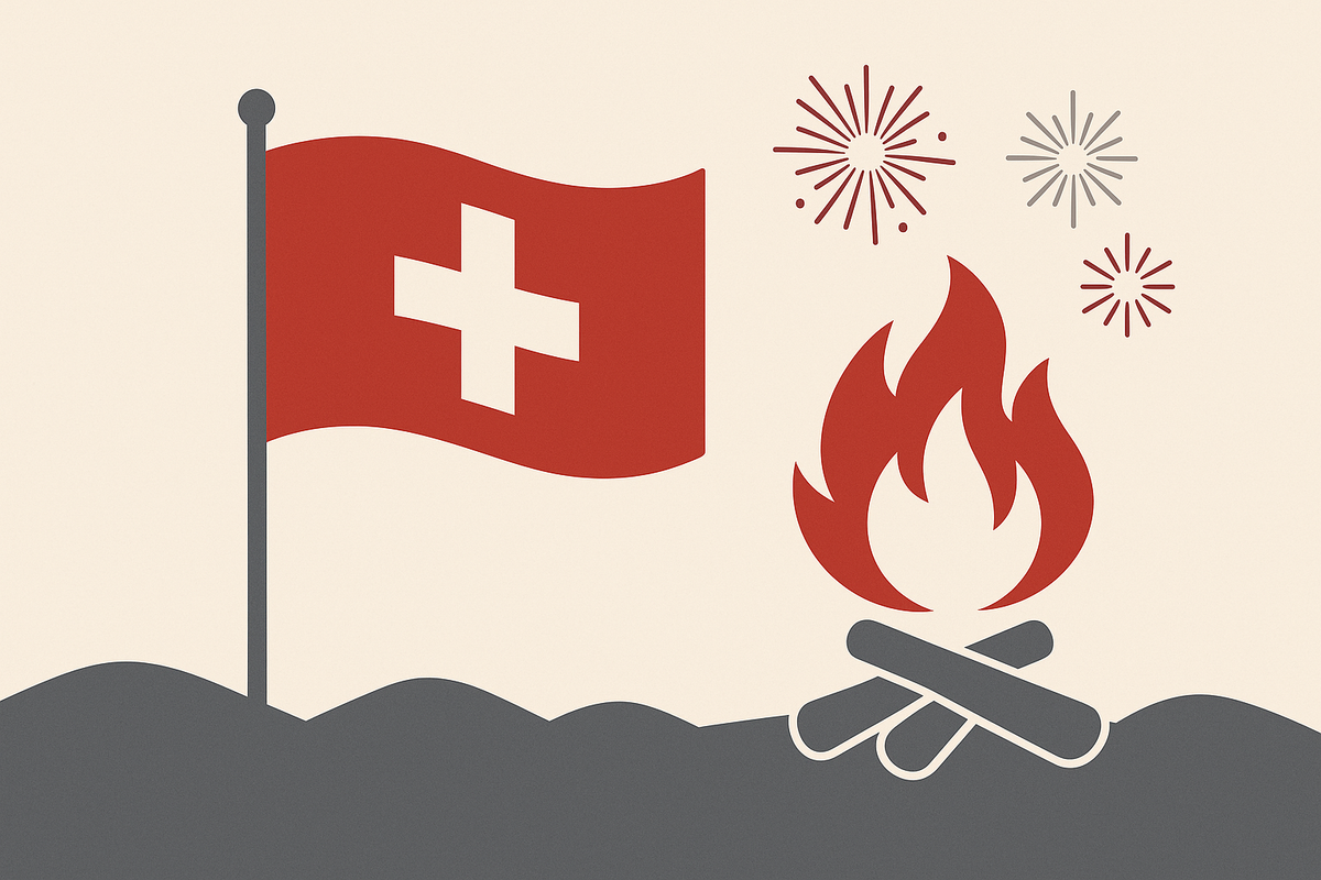 Schweizer Flagge mit Feuerwerk und Feuer