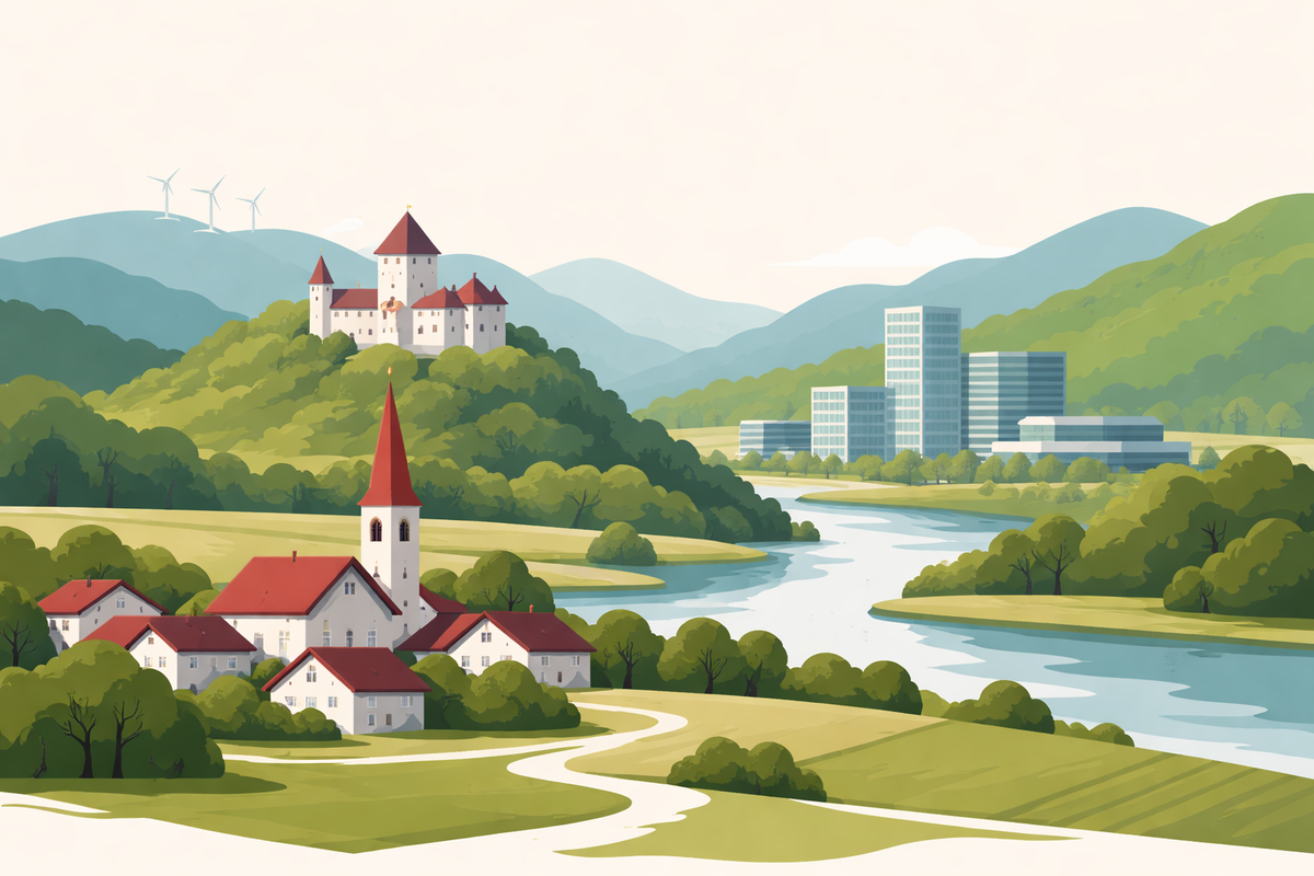 Landschaft mit Schloss und Fluss