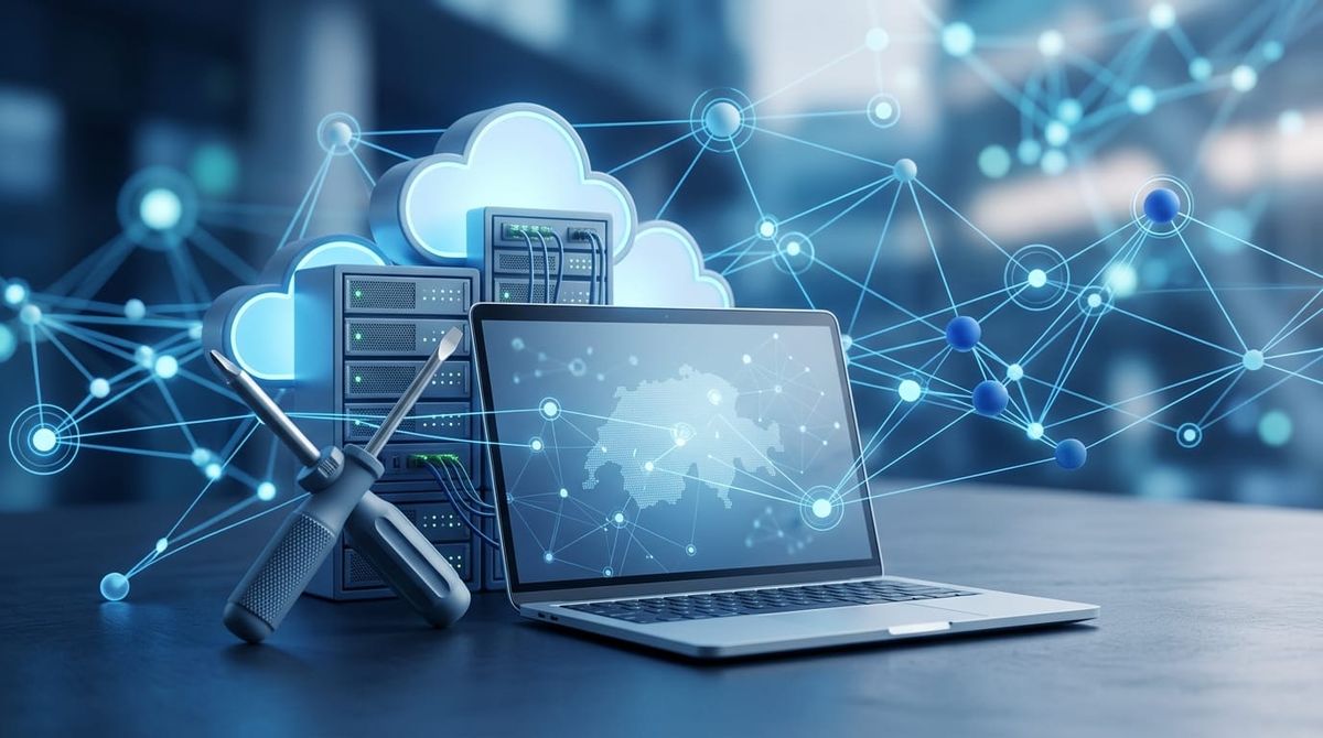 Laptop und vernetzte IT-Infrastruktur