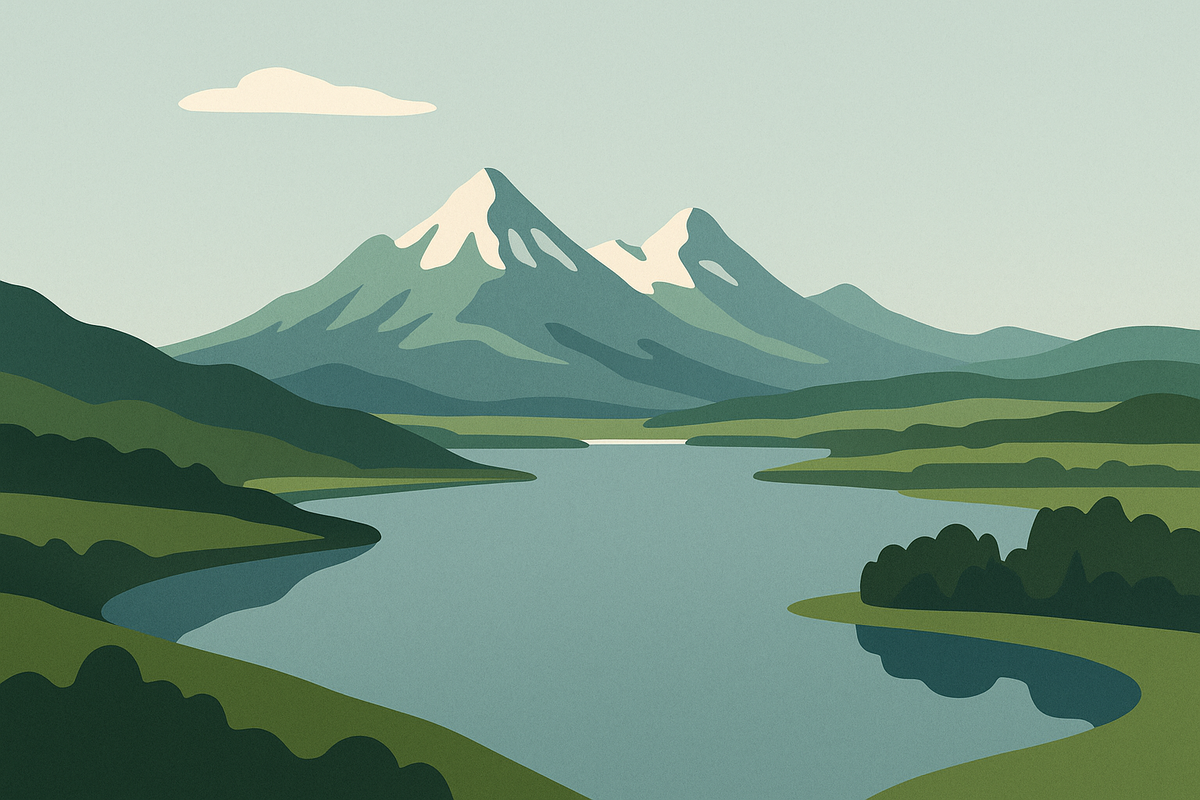 Berge und See in sanften Farben
