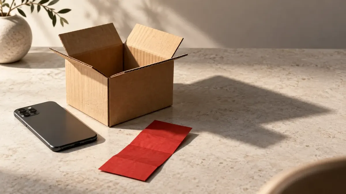 Leere Paketschachtel neben einem Smartphone und einem roten Beleg auf hellem Untergrund.