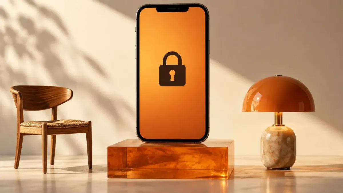Smartphone mit geschlossenem Schloss auf einem orangefarbenen Podest neben kleinen Möbelobjekten.