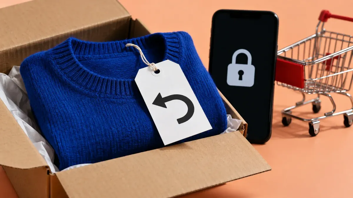 Gefalteter blauer Pullover in einer Versandschachtel neben einem Rücksendeanhänger und einem Schloss.
